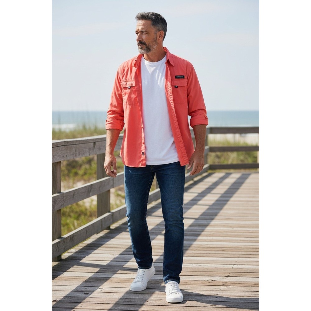 Simply Southern Button Down Shirt Mens Large Coral Red Long Sleeve Ventilated L